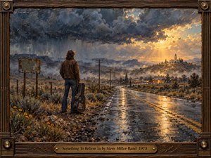 A lone traveler with a guitar case stands beside a rain slick road, gazing toward a glowing hilltop town beneath breaking storm clouds. Warm gold light cuts through deep blue skies, balancing hope and uncertainty. The textured, painterly scene is framed in rustic wood and bronze with vintage musical detailing.