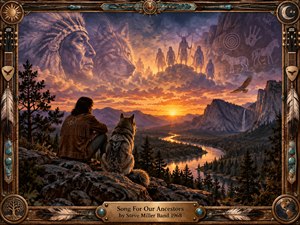 A lone traveler and wolf overlook a glowing river valley at sunset while ancestral faces, warriors, an eagle, and ancient markings emerge through dramatic clouds. Warm gold, violet, and deep blue light create a mystical, reflective mood. The richly detailed fantasy realism is enclosed by an ornate Western musical frame.
