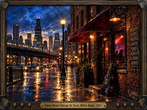A rain-soaked Chicago street glows beneath deep blue evening skies, with elevated trains, vintage cars, brick buildings, and a warmly lit blues club creating a nostalgic urban rhythm. Rich painterly textures, amber reflections, neon accents, and a handcrafted guitar-inspired frame give the scene cinematic depth, warmth, and musical character.