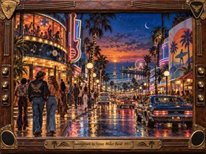 A lively 1970s coastal boulevard glows beneath neon signs, palm lights, and a fading sunset, with vintage cars, strolling couples, and a distant Ferris wheel leading toward the ocean. Rich blues, amber, magenta, and chrome reflections create a carefree, rhythmic mood within a handcrafted wood and brass musical frame.