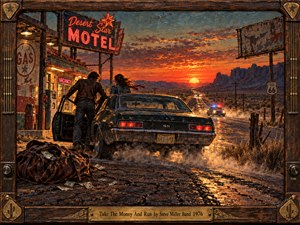 A weathered 1970s muscle car waits beside a neon desert motel as two shadowed travelers prepare to flee down a glowing highway. Fiery orange sunset, dusty earth, deep blue shadows, scattered money, distant police lights, cracked asphalt, and textured oil brushwork create a tense, restless atmosphere framed by rustic wood and brass.
