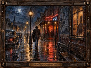 A lone musician walks along a rain soaked night street toward a glowing music club, framed by vintage cars, lamplit reflections, and a moonlit sky. Rich blues, amber firelight, and red neon create a moody, cinematic scene rendered in textured painterly detail within an ornate handcrafted musical frame.