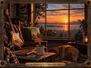 A warmly lit vintage music room overlooks a glowing bay at sunset through a broad window. An electric guitar, worn leather chair, records, books, plants, lantern, coffee mug, and sleeping golden dog create a reflective, nostalgic mood. Rich amber light, deep wood textures, and an ornate guitar-inspired frame enhance the handcrafted cinematic realism.