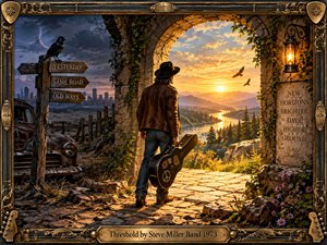 An aging traveler with a guitar case stands beneath a weathered stone arch, leaving a storm-dark city for a glowing mountain valley at sunset. Warm gold light contrasts with blue-gray shadows, while ravens, ivy, an old truck, signposts, and ornate guitar-themed metalwork create a reflective, hopeful, handcrafted cinematic painting.