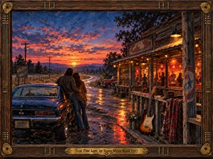 A couple stands beside a blue muscle car outside a rustic roadside bar at sunset, surrounded by glowing windows, wet pavement, guitars, and fading country roads. Warm amber lights contrast with deep blue shadows and fiery clouds, creating a romantic, nostalgic mood in richly textured, painterly 1970s Americana style.