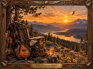 A warm mountain sunset frames a rustic retreat with an old guitar, wooden chair, travel pack, glowing honey jar, and alpine wildflowers overlooking a winding lake and distant peaks. Golden light, deep forest greens, carved wood, aged metal, and handcrafted details create a peaceful, nostalgic 1970s atmosphere of freedom and reflection.