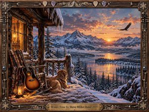 A warmly lit mountain cabin overlooks a frozen lake and snow covered peaks beneath a glowing winter sunset. An acoustic guitar, lantern, rustic chair, resting dog, and soaring eagle create a peaceful nostalgic mood. Rich wood textures, icy blues, amber light, and detailed painterly realism frame the serene landscape.