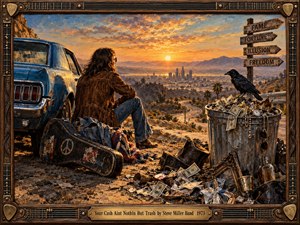 A long-haired musician rests beside a weathered blue muscle car overlooking a glowing desert city at sunset. A crow perches on a trash can overflowing with money and jewelry, while signs point toward fame, fortune, illusion, and freedom. Warm golden light, rugged textures, and an ornate guitar frame create a reflective 1970s rock mood.