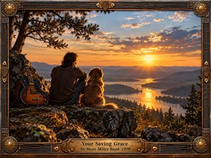 A solitary man and golden dog sit beside a resting guitar on a rocky overlook, watching a radiant sunset spread across a winding river and layered mountain valley. Warm amber light, deep shadows, rugged textures, and a handcrafted guitar-string frame create a reflective, peaceful, nostalgic mood with richly cinematic detail.