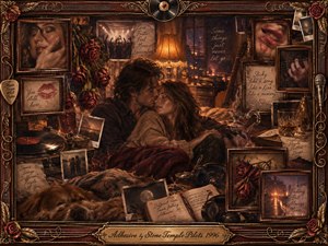 A tender couple embraces in a dim, memory-filled room surrounded by faded photographs, roses, records, handwritten notes, and musical keepsakes. Warm amber, burgundy, sepia, and tarnished gold create a nostalgic, intimate mood. Painterly oil, acrylic, and watercolor textures glow beneath soft lamplight, framed by ornate rosewood, gold filigree, and musical details.