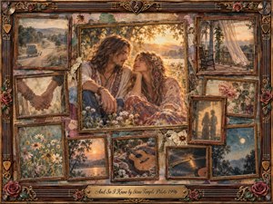 A warm, nostalgic collage centers on a bohemian couple sharing a tender gaze in a sunlit wildflower meadow. Weathered rosewood frames surround faded memories of roads, hands, flowers, a guitar, moonlight, and quiet landscapes. Golden amber, dusty rose, teal, and sepia tones blend through painterly watercolor textures and ornate musical details.