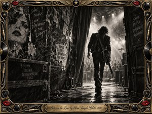 A lone guitarist strides from a shadowy backstage corridor toward a blazing concert stage, surrounded by peeling posters, road cases, cables, and smoky light. Deep charcoal blacks and muted sepia tones create a gritty, introspective mood, while ornate gold, vinyl records, red lips, and musical hardware form a richly detailed rock-inspired frame.