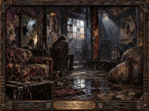 A solitary figure sits in a decaying rehearsal room surrounded by battered furniture, amplifiers, drums, cables, and shattered mirrors. Murky browns, bruised purples, rust, and black dominate, pierced by cold window light and a lone bulb. The richly textured, painterly scene feels grim, exhausted, claustrophobic, and unmistakably grunge.