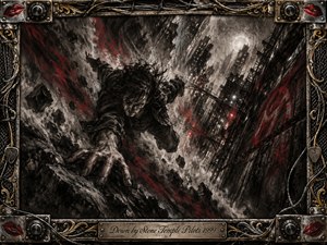 A dark charcoal figure claws upward through a collapsing industrial city, surrounded by jagged debris, smoke, and blood-red streaks. Harsh moonlight cuts through the black-and-gray scene, creating a desperate, oppressive mood. An ornate metallic frame of cables, knobs, guitar picks, and red lips surrounds the turbulent composition.