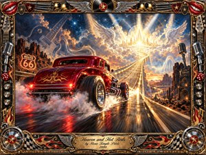 A gleaming red hot rod roars along a desert highway toward a radiant celestial city, merging rebellious road culture with heavenly fantasy. Fiery clouds, golden light, chrome reflections, guitars, microphones, vinyl records, and Route 66 imagery create an energetic rock-and-roll atmosphere, framed by ornate gold, flames, wings, and musical details.