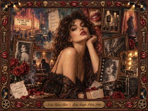 A glamorous woman rests amid a richly layered collage of vintage photographs, roses, film reels, guitars, and glowing theater imagery. Warm amber, burgundy, sepia, teal, and gold tones create a dreamy, sensual mood. Soft cinematic lighting, smoky shadows, painterly textures, and an ornate musical frame evoke fading memories and nostalgic romance.