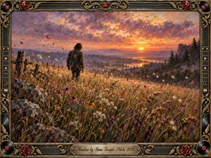 A lone figure wanders through a windswept wildflower meadow beneath a glowing sunset, creating a reflective, nostalgic mood. Warm amber, rose, violet, and earthy greens blend in textured painterly strokes. Dramatic clouds, drifting petals, distant hills, and shimmering water add depth, framed by ornate gold, roses, vinyl, and guitar-inspired details.