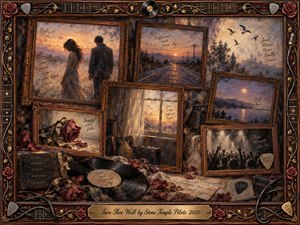 A nostalgic collage of framed memories surrounds a departing couple, a lonely sunset road, wilted roses, a moonlit lake, and concert silhouettes. Warm amber, sepia, dusty rose, and smoky blue tones glow through painterly oil and watercolor textures. Ornate rosewood, gold, vinyl, guitar, and cable details frame the bittersweet scene.