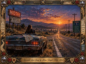 A lone traveler rests beside a weathered convertible on a desert interstate at sunset, gazing toward distant mountains and glowing horizons. Rich oil-painted textures blend amber, rust, violet, and deep blue, creating a wistful, romantic mood. An ornate chrome-and-gold musical frame, roses, maps, highway signs, and engraved title plate complete the nostalgic scene.
