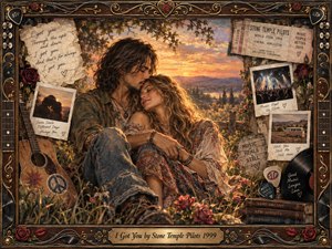 A bohemian couple embraces tenderly in a wildflower meadow at sunset, surrounded by faded Polaroids, handwritten notes, roses, a guitar, concert memorabilia, and vinyl records. Warm amber, dusty rose, and earthy tones glow through soft golden light. The painterly mixed-media collage feels romantic, nostalgic, intimate, and richly framed with ornate musical details.