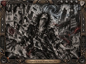 A wild-haired figure reaches outward through a fractured charcoal cityscape, surrounded by torn posters, crows, warped buildings, and swirling debris. Smoky blacks, gray-blue shadows, and restrained crimson accents create a tense, rebellious mood. Dramatic lighting and gritty textures intensify the surreal composition, enclosed by an ornate rock-themed metallic frame.