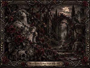 A moonlit gothic garden unfolds through crumbling stone arches, tangled thorn vines, and deep red roses surrounding a weathered statue and scattered skulls. A raven watches beside the iron gate beneath a pale full moon. Charcoal-like textures, muted blacks and browns, dramatic shadows, and ornate metallic framing create a haunting, decadent atmosphere.