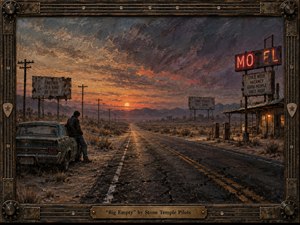A solitary man leans against a weathered car beside an empty desert highway at twilight, facing a distant sinking sun. Rusted motel signs, cracked pavement, telephone poles, and barren scrub create a lonely, restless mood. Thick painterly textures, smoky purples, burnt orange light, and an aged metal guitar-inspired frame evoke worn 1990s alternative-rock melancholy.