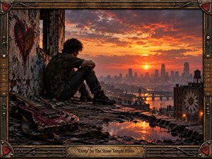 A solitary young man sits on a crumbling rooftop overlooking a hazy industrial city at sunset, surrounded by decay, graffiti, puddles, and a battered electric guitar. Fiery orange light contrasts with deep grays and browns, creating a melancholic grunge atmosphere. A weathered guitar-inspired metal frame reinforces the handcrafted, introspective mood.