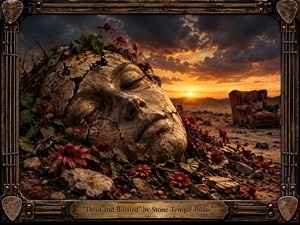 A cracked stone face lies half-buried in a barren desert, surrounded by dark red flowers and scattered rubble beneath a dramatic stormy sunset. A weathered, abandoned armchair stands in the distance. Rich bronze, rust, ochre, and crimson tones create a brooding yet strangely hopeful mood, rendered in detailed cinematic realism with handcrafted metal framing.