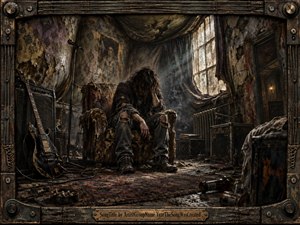 A weary rock musician slumps in a decaying rehearsal room, surrounded by torn wallpaper, battered equipment, tangled cables, and a scarred guitar. Muted browns, charcoal blacks, and dirty golds dominate, pierced by pale window light. The gritty, cinematic realism creates a claustrophobic mood of exhaustion, isolation, and slow collapse.