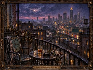 A rain-soaked balcony overlooks Atlanta at twilight, where glowing highways and distant towers shimmer through violet storm clouds. An empty weathered chair, whiskey glass, fallen leaves, and wet iron railings create a lonely, reflective mood. Rich oil-paint textures, amber lights, deep blues, and ornate framing evoke melancholy, memory, and fading intimacy.