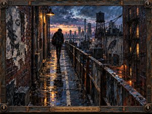 A solitary figure walks along a rain-slicked rooftop passage toward a distant city at dusk. Rusted brick, fire escapes, cables, and a water tower frame the scene. Deep blues and charcoal shadows contrast with amber lights and sunset reflections, creating a restless, introspective mood in richly textured painterly detail.