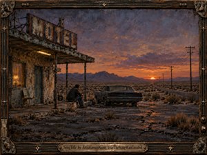 A solitary man sits outside a weathered desert motel beside a dark vintage car, facing an endless road beneath a bruised orange and violet sunset. Cracked pavement, telephone poles, distant mountains, and rusted architecture create a lonely, suspended mood. Painterly textures and distressed metal framing deepen the sense of isolation and emotional emptiness.