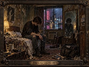 A solitary man sits hunched on an unmade motel bed, surrounded by worn walls, scattered belongings, and a cracked mirror reflecting his isolation. Rainy neon city light spills through the window in blue, pink, and amber tones, creating a brooding grunge atmosphere framed by dark, weathered metal and guitar-string details.