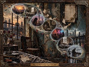 A weathered urban room opens into a rain-dark city while translucent memory bubbles sweep across the scene in a flowing curve, revealing sunsets, solitude, clocks, crowds, and quiet bedrooms. Muted blue, rust, amber, and charcoal tones create a weary, reflective mood, framed by distressed wood and metal.