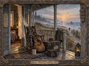 A weathered coastal porch overlooks a misty sea at sunset, where a lone figure walks toward the distant shore. An old acoustic guitar, travel trunks, rocking chair, lanterns, and wind chimes suggest departure and memory. Warm amber light contrasts with cool blue-gray surf, creating a tender, reflective, handcrafted atmosphere.