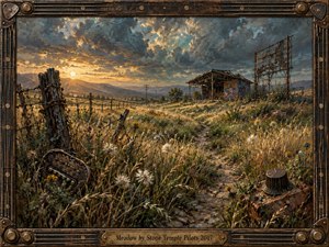 A weathered meadow glows beneath a dramatic golden sunset, where tall grasses, wildflowers, a narrow dirt path, and an abandoned roadside structure create a reflective, slightly haunted atmosphere. Rich earth tones, smoky blues, textured brushwork, rusted details, and a handcrafted guitar-inspired frame reinforce the gritty rock character.