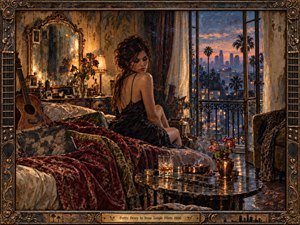 A pensive woman sits on a rumpled bed in a twilight hotel room, framed by warm lamplight and an open balcony overlooking a palm-lined city skyline. Rich reds, bronze tones, and smoky blues shape a moody, painterly scene, while roses, whiskey, and a guitar deepen its intimate, melancholic atmosphere.