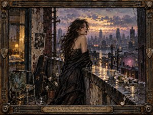 A solitary woman in a dark lace dress stands on a rain soaked balcony above a glowing city at dusk, surrounded by wilted flowers, a cracked teacup, and a guitar case. Warm interior light contrasts with cool violet skies, creating a moody, painterly scene framed with ornate industrial musical details.