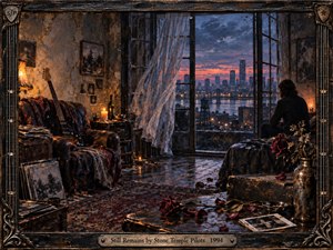 A solitary figure sits in a worn apartment overlooking a glowing city at dusk, surrounded by an electric guitar, candles, faded photographs, scattered roses, and weathered furnishings. Deep blues, rust, amber, and crimson create a melancholic atmosphere, while painterly textures, rain-darkened surfaces, and soft window light suggest memory, longing, and emotional persistence.