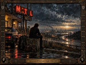 A lone man rests beside a weathered roadside motel, overlooking a rain-slick highway and distant industrial skyline at dusk. Deep charcoal clouds, amber lights, neon reflections, and gritty textures create a weary, reflective mood. The detailed painterly scene is enclosed by a rugged metallic frame with musical hardware accents.