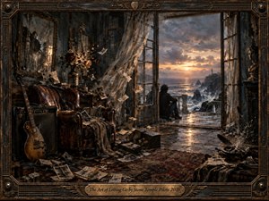 A weathered room opens toward a stormy coast at sunset, where a solitary figure faces the sea amid scattered photographs, torn pages, and fading roses. Warm amber light meets cool blue-gray shadows, creating a reflective, bittersweet mood. Rich painterly textures, distressed furnishings, and an ornate musical frame suggest memory, release, and emotional transition.