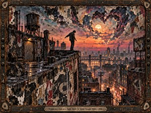 A lone figure balances on a weathered rooftop above a sprawling industrial city at sunset, framed by torn collage textures and rusted guitar themed metalwork. A glowing heart shaped break in the stormy sky draws focus, while amber lights, deep shadows, and gritty mixed media surfaces create a tense, melancholic, grunge mood.
