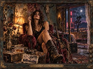 A smoky 1996 desert motel room frames a weary woman lounging amid wilted roses, spilled whiskey, battered luggage, and an electric guitar. Amber lamplight clashes with cold moonlit blues and neon magenta outside, creating a restless, decadent mood. Distressed textures, peeling walls, reflective glass, and a rugged handcrafted frame deepen the grunge-era atmosphere.