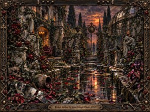 A decadent gothic garden surrounds a reflective pool beneath a fiery dusk sky, framed by ruined stone, thorny roses, statues, skulls, and ironwork. Warm amber windows contrast with deep greens, reds, and blackened bronze. The intricate mixed-media realism creates a seductive, haunted atmosphere of beauty, decay, danger, and longing.