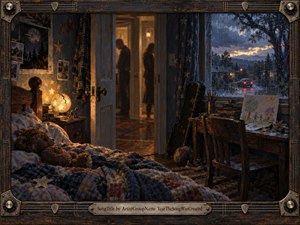 A rain-darkened bedroom glows with warm bedside light as a teddy bear rests beneath a heavy patchwork quilt. Shadowy figures linger in a distant hallway while wet windows reveal fading evening light. Deep blues, amber browns, worn wood, guitar details, and painterly textures create a haunting, tender atmosphere.
