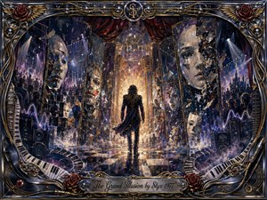 A lone figure stands before a radiant hall of shattered mirrors, surrounded by fragmented faces, shadowy crowds, speakers, piano keys, and drifting stage fog. Deep blues, violet, silver, and glowing gold create a mysterious theatrical mood. Rich oil-painted textures, dramatic spotlights, and an ornate musical frame emphasize illusion, identity, and revelation.