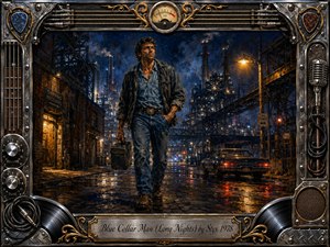 A weary blue-collar worker strides through a rain-slicked industrial city at night, framed by towering refineries, steel structures, and glowing streetlamps. Deep blues, charcoal blacks, amber lights, and fiery reflections create a gritty, determined mood. Painterly realism, rugged textures, chrome details, records, cables, and engraved metal framing reinforce the working-class rock atmosphere.