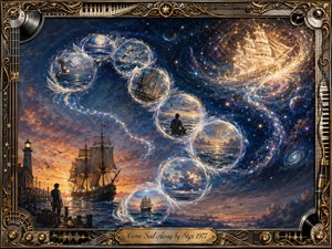 A luminous sailing ship journeys from a warm sunset harbor into a vast celestial sea, linked by feather-edged memory bubbles sweeping in an S curve. Deep blues, amber gold, silver, and starlight create a nostalgic, adventurous mood. Rich painterly textures, cosmic swirls, lighthouse, seabirds, and ornate musical framing enhance the dreamlike composition.