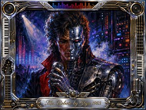A dramatic half-human, half-robot performer grips a microphone before a neon-lit futuristic stage, embodying tension between identity and technology. Deep blues, purples, reds, chrome, and gold glow beneath theatrical spotlights. Expressive oil-paint textures contrast with intricate mechanical details, while a music-themed metallic frame and engraved title plate complete the retro-futuristic composition.
